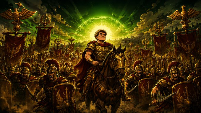 A dramatic fantasy-style illustration of a Roman general on horseback leading an army of soldiers with eagles on banners, set against a glowing green sky.