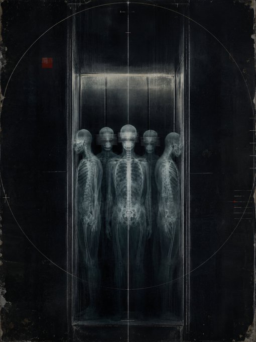 A dark, atmospheric medical-style illustration shows five human skeletons facing different directions inside a translucent rectangular chamber, surrounded by circular targeting reticles.