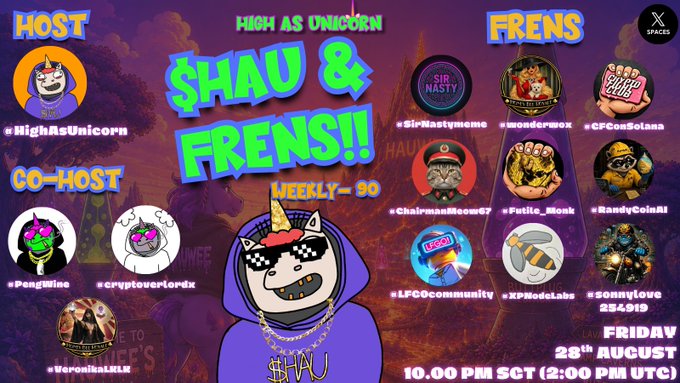 A promotional graphic for 'High As Unicorn: Shau & Frens!!' X Space event hosted by HighAsUnicorn, with co-hosts PondMine and cryptooverlordx, listing various frens like SirNastymeme, woodpewwx, and others, scheduled weekly at 10:00 PM SGT (2:00 PM UTC) on Friday August 28th.