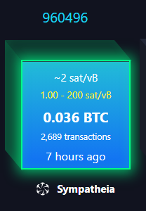 A digital dashboard showing block number 960496 with fee rates (~2 sat/vB, 1.00-200 sat/vB), 0.036 BTC, 2,689 transactions, 7 hours ago, with the 'Sympatheia' logo at the bottom.