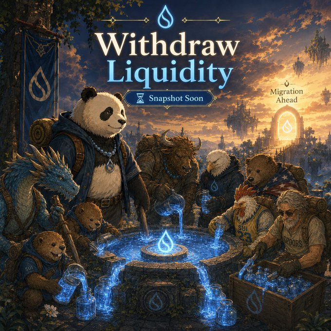 A fantasy digital illustration featuring a panda, bison, eagle, and other anthropomorphic creatures gathered around a glowing blue fountain, with text reading 'Withdraw Liquidity', 'Snapshot Soon', and 'Migration Ahead' alongside a flame-like logo.