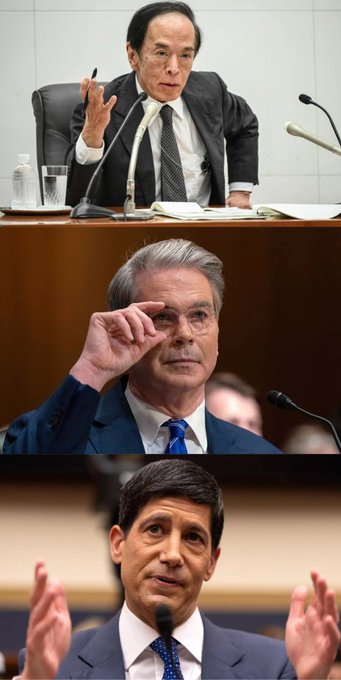A three-panel vertical composite shows photos of three men in suits speaking in formal government or legislative settings.