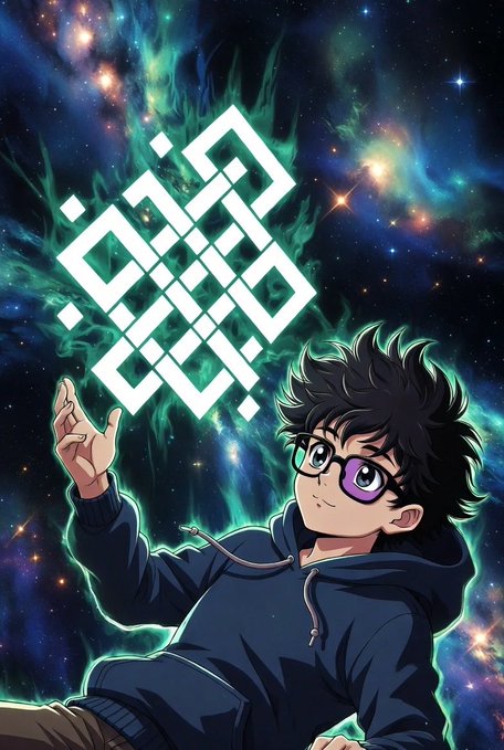 An anime-style illustration shows a boy with glasses reaching toward a glowing white geometric symbol set against a vibrant cosmic background.
