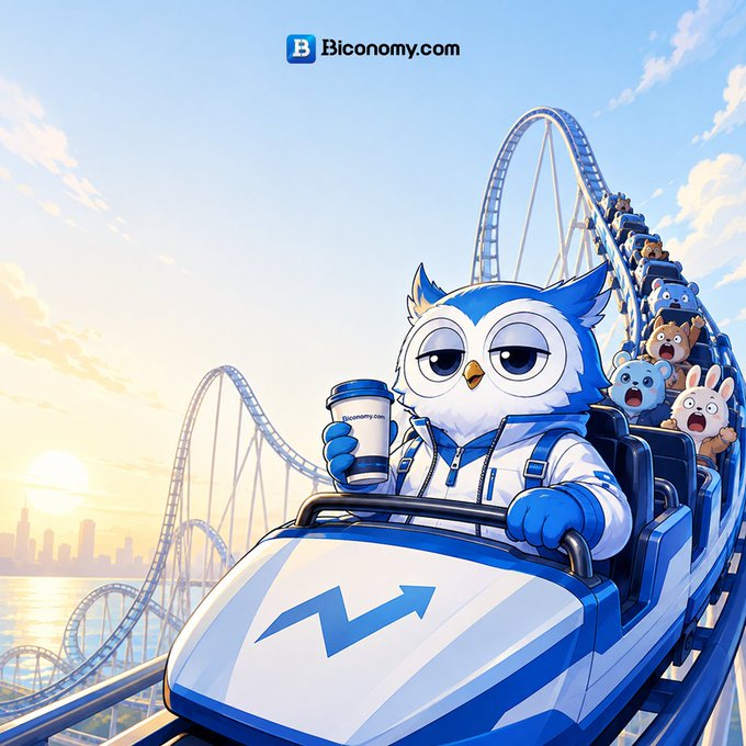 An animated illustration of a blue cartoon owl mascot riding a roller coaster while holding a 'Biconomy.com' coffee cup, with other animal characters behind.