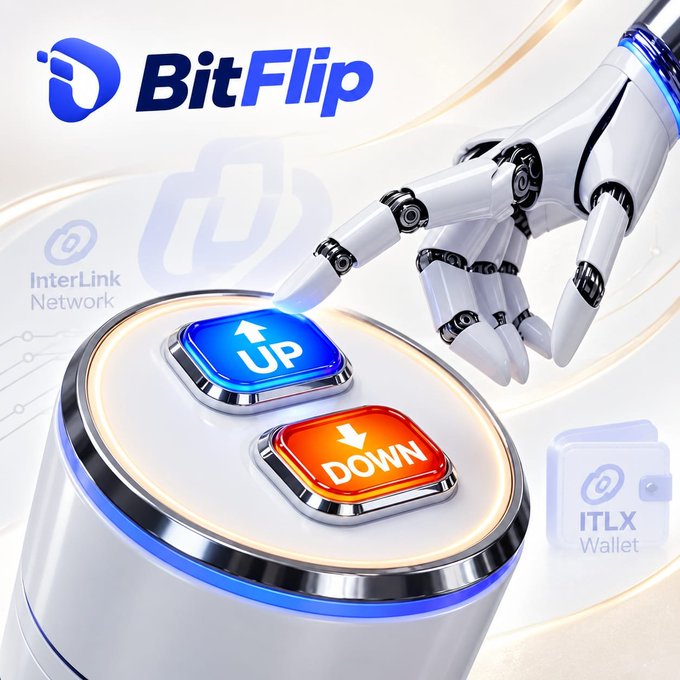 BitFlip promotional graphic by InterLink Network featuring a robotic hand pressing UP/DOWN buttons with ITLX Wallet branding.