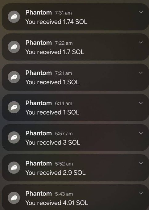 A screenshot of Phantom wallet notifications showing multiple SOL deposits totaling 15.25 SOL received between 5:43 am and 7:31 am, presented as proof of an alleged giveaway where users were asked to drop their Solana addresses for free crypto.