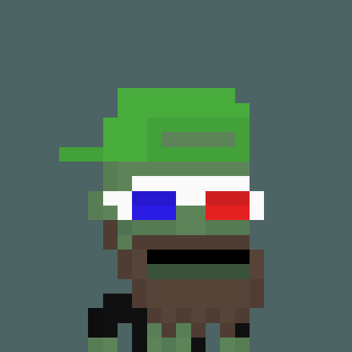 A pixel art depiction of a soldier wearing a green helmet and red-blue 3D glasses against a teal background.