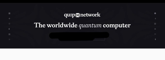 A dark-themed banner for 'quip network' with the tagline 'The worldwide quantum computer' featuring a small icon in the center.
