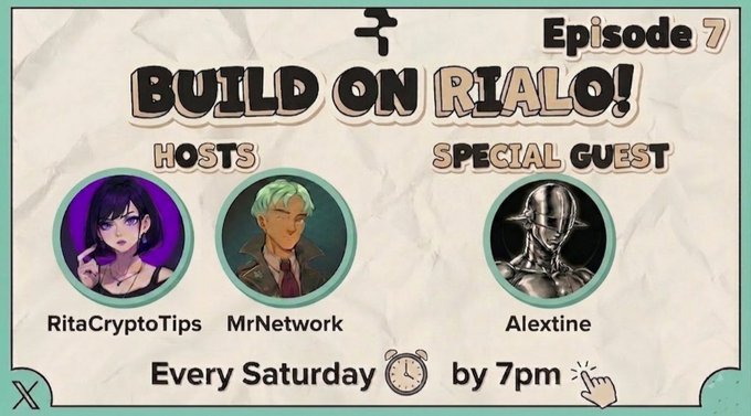 The image features a poster for a podcast called "Build On Rialo!". The poster includes three different cartoon characters, each representing a host or guest from the podcast. One character is wearing a tie, while another has a green shirt on. The hosts are shown in a casual setting with a clock and an alarm clock visible in the background. The text on the poster announces that there will be a special guest at the podcast's next episode, which is scheduled for 7pm every Saturday.
