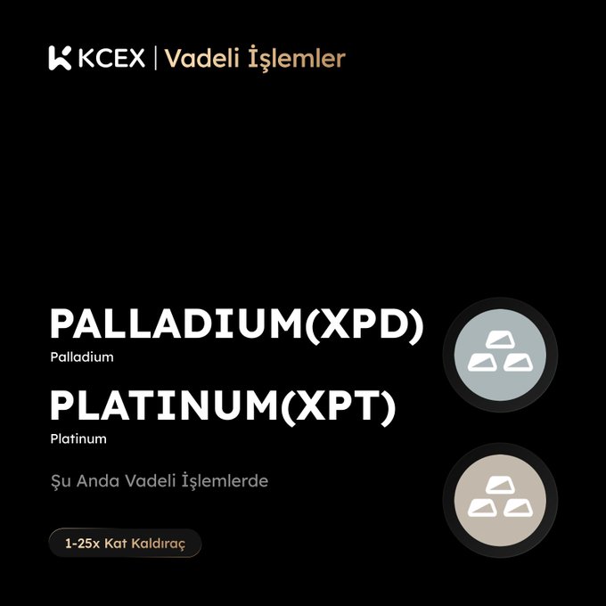 A KCEX announcement for 'Vadeli İşlemler' (Futures Trading), highlighting the addition of PALLADIUM (XPD) and PLATINUM (XPT) with leverage options of '1-25x Kat Kaldıraç'.