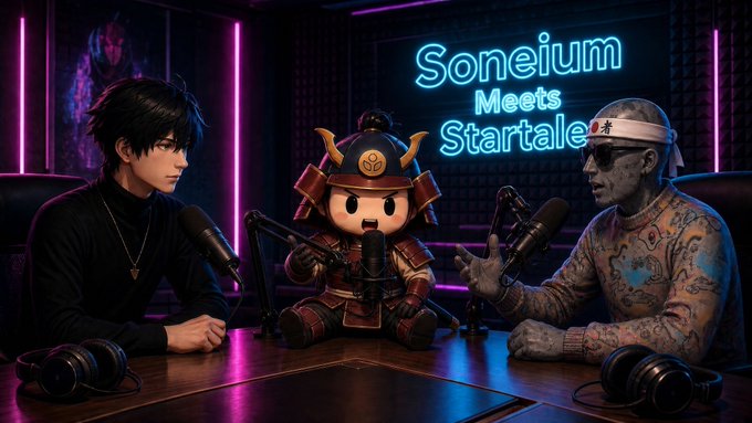 A 3D-rendered scene depicts a podcast titled 'Soneium Meets Startale', featuring an anime character on the left, a samurai mascot in the center, and a tattooed figure on the right.