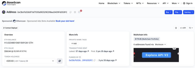 The image shows a Basescan address page for wallet 0xCBcFb5360f1af7D55bd9E5296ecD439Fd353FC, displaying an ETH balance of 0.023480106815691261 ETH (~$58.84) and 520.83 VADER tokens, with the "Contract Deployer" tag notably absent—visually confirming Basescan's removal of the incorrect $VADER deployer label mentioned in the post.