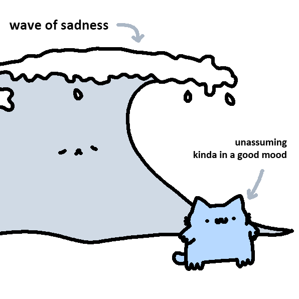 A minimalist cartoon depicts a large blue wave labeled 'wave of sadness' looming over a small, smiling cat labeled 'unassuming kinda in a good mood'.