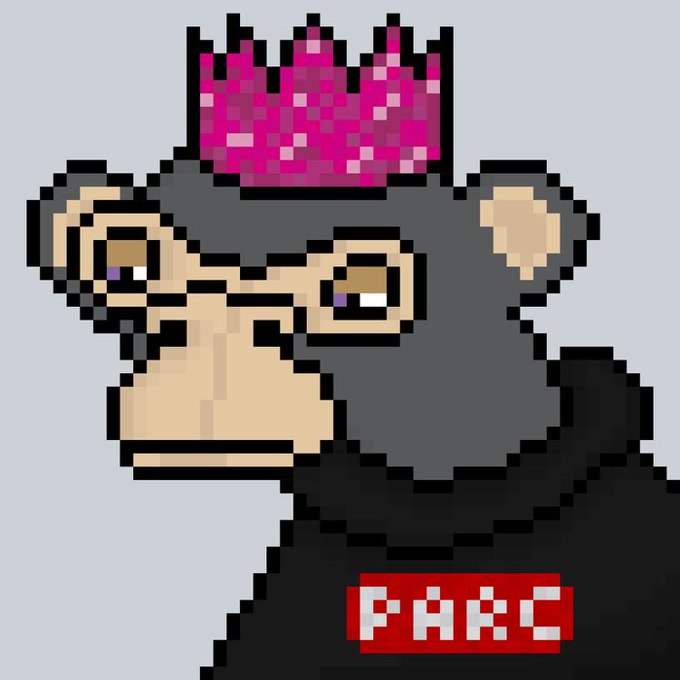 Pixel art illustration of a dark gray monkey character wearing a black shirt with a red "FAKE" tag, sporting a pink and purple mohawk hairstyle.