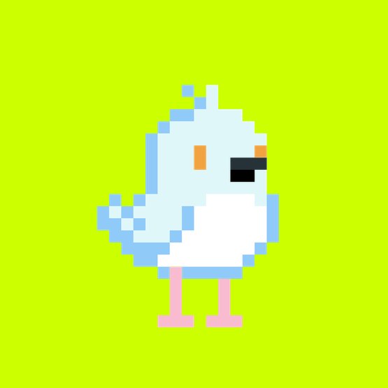 Pixel art of a small blue and white bird on a solid lime green background.