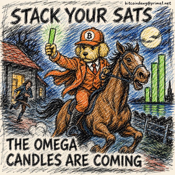 A hand-drawn illustration by bitcoindawg@primal.net titled "STACK YOUR SATS - THE OMEGA CANDLES ARE COMING", featuring a bear wearing an orange suit and Bitcoin cap riding a horse at night.