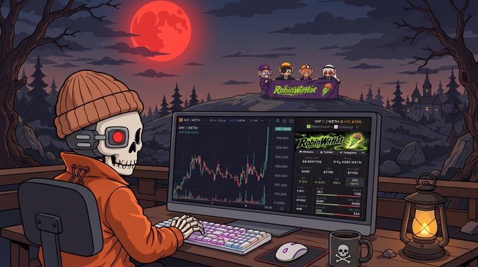 A cartoon illustration of a skeleton wearing an orange beanie trading cryptocurrency (RobinHood token) on a desktop setup at night under a red moon.