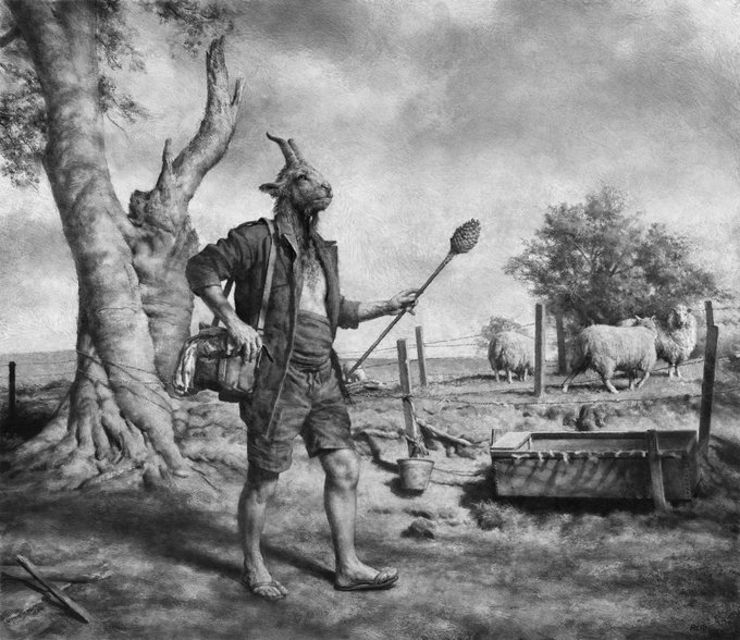 A monochrome illustration depicts a goat-headed wanderer holding a staff and bag beside ruins, a trough, and grazing sheep. It illustrates the post’s “Pan Noir” editions from “Transient Curated,” advertised as live in editions of 30 at 0.04 ETH each, with no visible text in the artwork.