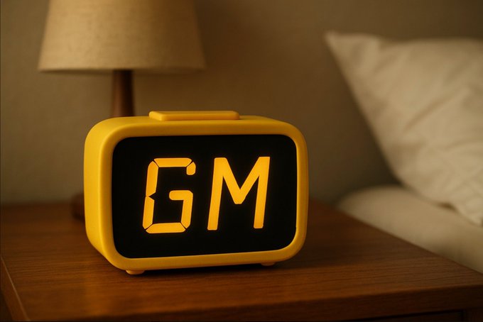 A yellow digital alarm clock on a wooden bedside table displays "6M" in glowing orange numerals, with a lamp and pillow visible in the background. The image playfully represents the phrase "GM Pakistan" by showing "GM" in a digital clock format as a morning greeting.