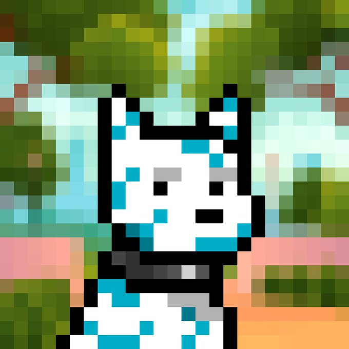 A pixelated digital artwork depicts a white character with teal accents against a blocky green and blue background.