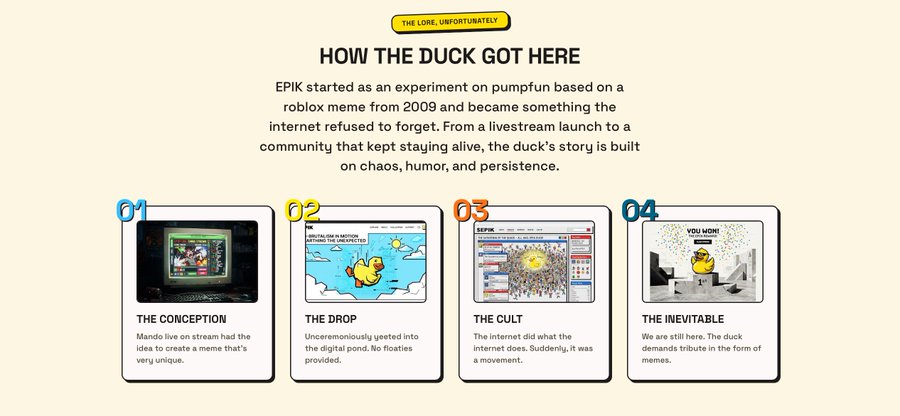 A timeline titled 'HOW THE DUCK GOT HERE' tells the story of the EPIK duck project, with four steps: '01 THE CONCEPTION', '02 THE DROP', '03 THE CULT', and '04 THE INEVITABLE'.