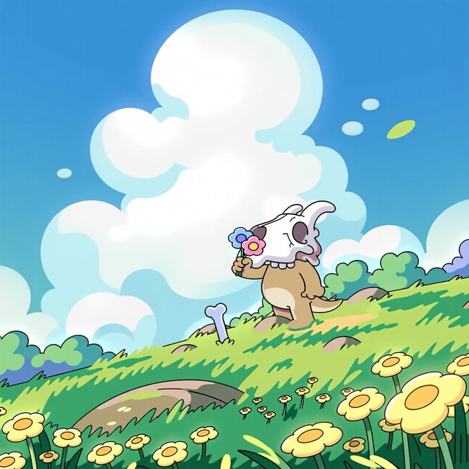The image features a cartoon character, possibly a dinosaur or a bear, standing on top of a hill surrounded by flowers. The character appears to be holding a flower in its hand while looking up at the sky with clouds. The caption for this image is "The WINNERS of the @Doodlemon151 AL spots are EVERYONE that made a Pokemon using the @doodles AI Stoodio *Before this tweet* Now I know that’s quite a bit more than 10 of you but I appreciate you supporting their project too!".