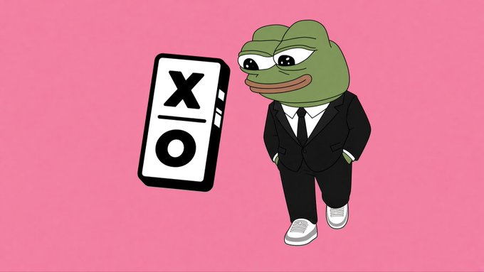 A 3D render shows the sad Pepe the Frog character wearing a black suit and white shoes standing next to a black and white 'X/O' tile on a solid pink background.