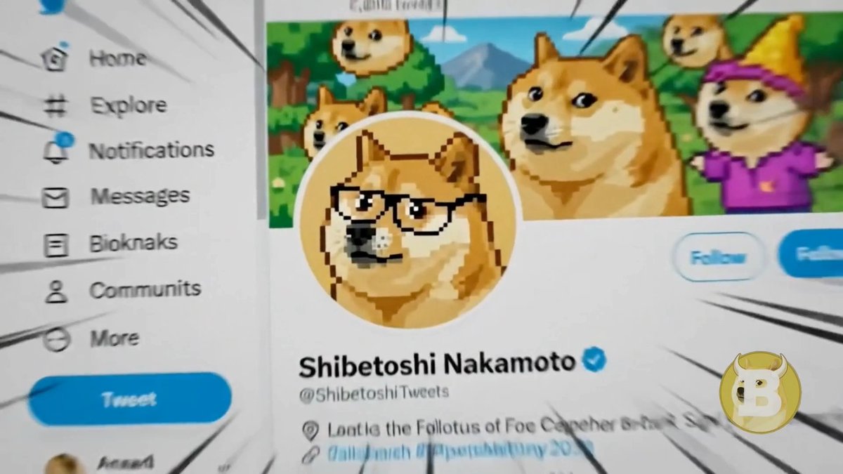 A social media interface displays the profile of 'Shibetoshi Nakamoto' (@ShibetoshiTweets), featuring Doge meme artwork and a Bitcoin logo in the corner, with a Twitter-style navigation menu on the left.