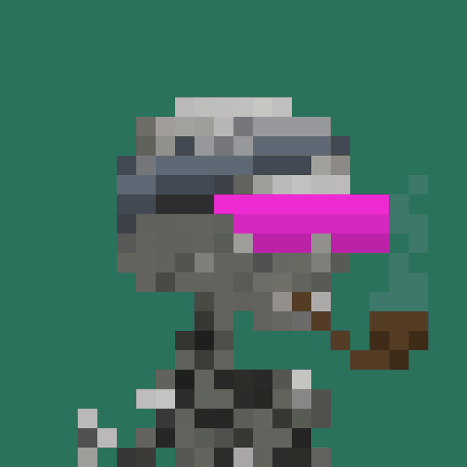 A heavily pixelated, low-resolution portrait of a character in dark armor with a pink visor set against a solid green background.