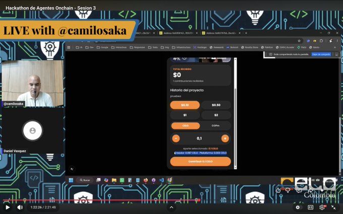 The image shows a computer screen displaying a video call with a man talking about a project, possibly related to a Hackathon event. The background features a patterned wallpaper that includes various icons such as a camera, a microphone, and a keyboard. The text on the screen reads "Live with camiliosaka", which is likely a code name or nickname for the person speaking in the video call.