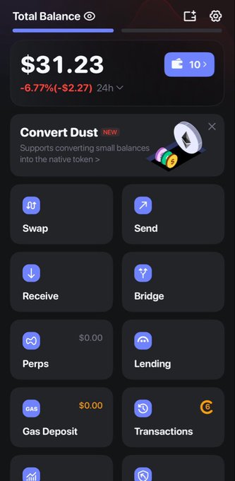 A cryptocurrency wallet interface displays a total balance of $31.23 with a -6.77% decline, featuring a prominent "Convert Dust" banner that aligns with the post's message about converting small token balances into native currency.
