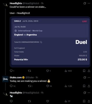 A screenshot of a Stake.com sports betting slip shows a $272.00 wager on England vs Argentina at 2.22 odds that was graded as a loss, paired with a follow-up tweet from @Stake announcing "we are making you a winner," illustrating the platform compensating the user after a controversial call.