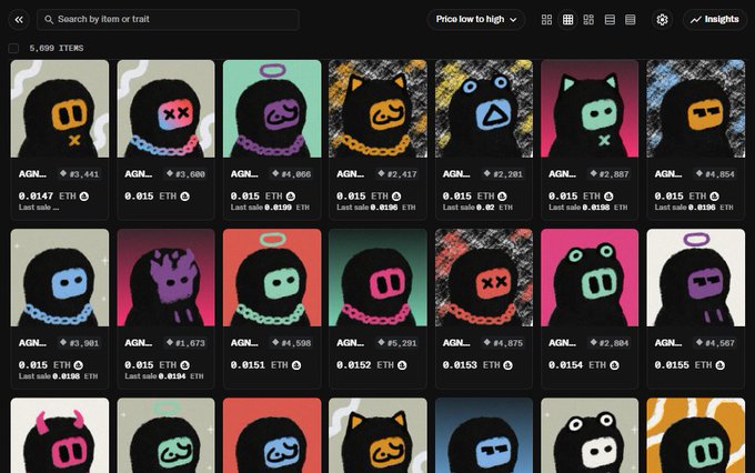 An NFT marketplace displaying a grid of 5,699 items from the 'AGN...' collection, featuring cartoon-style hooded characters with various colored faces (pink, green, blue, orange) priced between 0.0147 ETH and 0.0155 ETH.