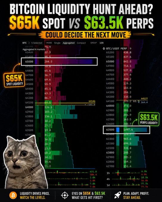 A crypto trading analysis graphic titled 'BITCOIN LIQUIDITY HUNT AHEAD?' highlighting '$65K SPOT VS $63.5K PERPS', featuring a shocked cat meme and a BTC order book chart.