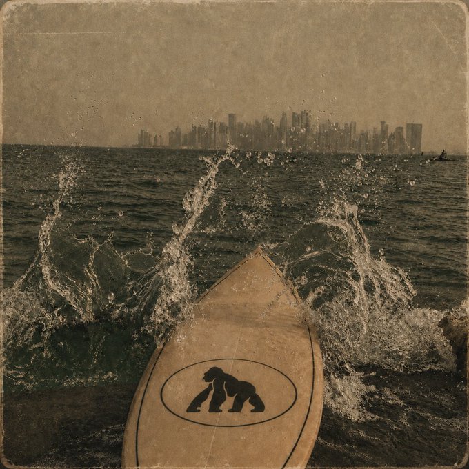 A vintage-style photograph shows the bow of a surfboard cutting through ocean waves, with a gorilla logo emblazoned on its deck and a distant city skyline visible on the horizon. The surfing imagery cleverly ties into the $APE ticker by depicting the board as if "riding the wave" toward the financial opportunity.