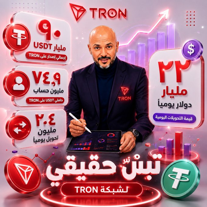 A stylized Arabic-language promotional graphic for the TRON blockchain, featuring a man at a tablet surrounded by glowing red stats panels highlighting key figures: $90 billion USDT market cap on TRON, 74.9 million USDT holder accounts, 2.4 million daily conversions, and $22 billion in daily transaction value, with "TRON" and "USDT" branding prominently displayed.