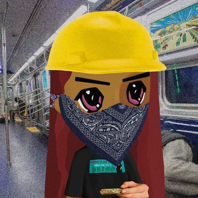 An illustration of an anime-style character wearing a yellow hard hat and a blue bandana face mask, standing inside a subway train car.