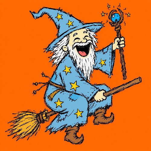 A jubilant wizard with a long white beard, wearing a star-patterned blue robe and pointed hat, laughs heartily while flying on a broomstick and holding a glowing staff topped with an orb, embodying the magical "Gm Ordinals" spirit of the crypto community.