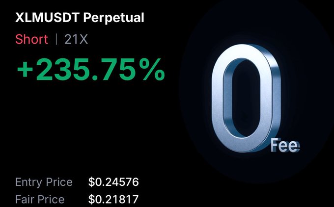 The image features a black background with a white number "0" displayed prominently at the center of the frame. Above this, there's a message written in green and red text that reads "XLMUSDT Perpetual", followed by an explanation about short trading fees. Below this information, there are two currency values displayed: one for the exchange rate with a dollar sign and a number (€0.24), and another for the price of a trade, also with a dollar sign and a number (€0.26). The message ends with "Free" written in red at the bottom of the image.
