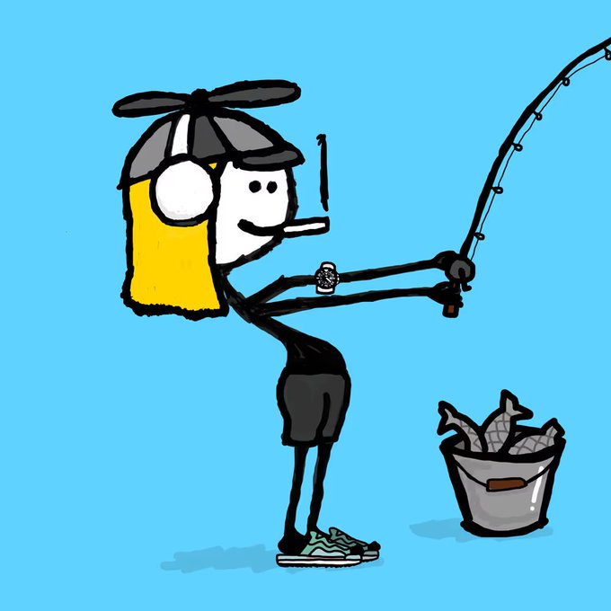 A cartoon woman with a propeller beanie and cigarette in her mouth fishes with a bent rod, a bucket of caught fish beside her, wearing a watch on her wrist—playfully illustrating the casual crypto "gm" greeting with a "catching gains" fishing metaphor.