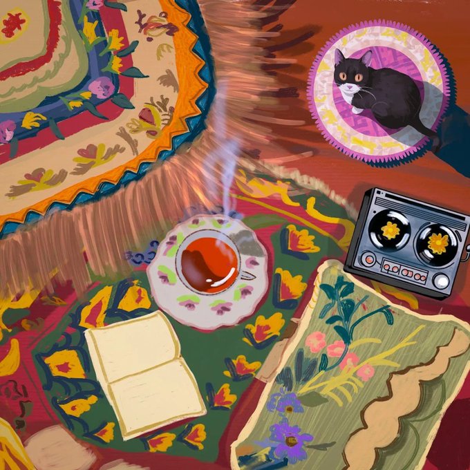 A colorful, top-down illustration depicting a cozy scene with a black and white cat resting on a circular pink and yellow rug, alongside a steaming cup of tea, an open book, and a cassette tape player on patterned rugs.