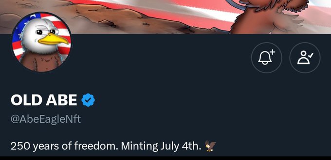 A verified Twitter/X profile for "OLD ABE" (@AbeEagleNft) featuring a cartoon eagle avatar with the bio "250 years of freedom. Minting July 4th." The patriotic Americana aesthetic aligns with the post noting the project's floor price is nearly at mint price ("mp").