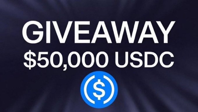 The image is a bold promotional graphic announcing a "$50,000 USDC GIVEAWAY" featuring the USDC logo on a dark blue background, directly matching the post's promise to randomly distribute USDC to Solana wallets until the $50K pool is drained.