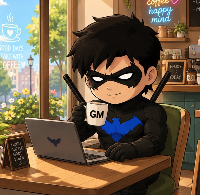 A cartoon illustration of a chibi-style Batman character wearing a black and blue suit and mask, sitting at a cafe table holding a white mug that says 'GM' next to a laptop with a bat symbol.