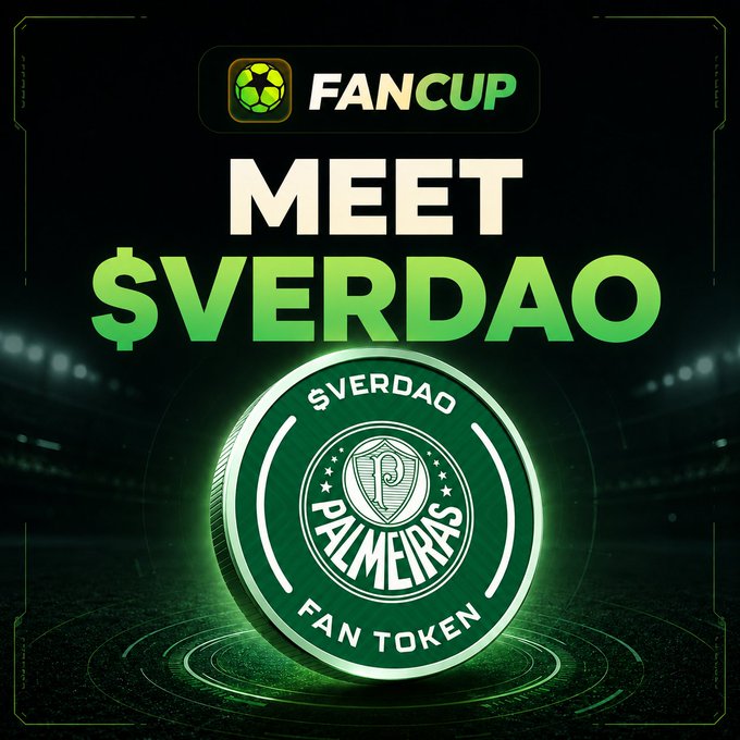 A promotional graphic featuring the Fancup logo with text "MEET $VERDAO" and a green coin representing the Palmeiras fan token.