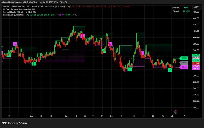 TradingView chart created by TradingView user vfxgoodthatdad for Monero (XMR) on Binance PERPETUAL CONTRACT, 1h timeframe, showing a current price of 319.24 USDT with a 71.42% upward trend.