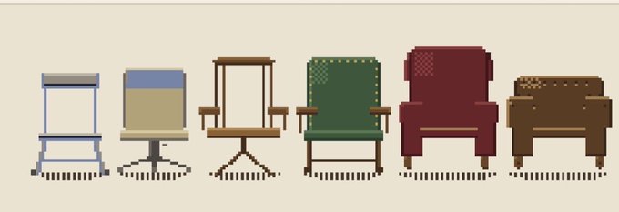 An illustration showing the evolution of six chairs, progressing from a simple metal folding chair on the left to a dark brown plush armchair on the right.