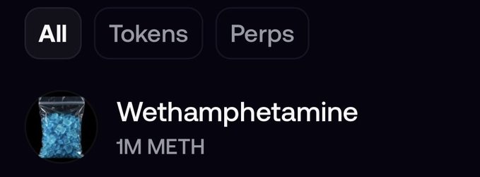 A cryptocurrency interface with tabs labeled 'All', 'Tokens', and 'Perps' shows a token named 'Wethamphetamine' (ticker '1M METH') represented by an icon of a baggie of blue crystals.