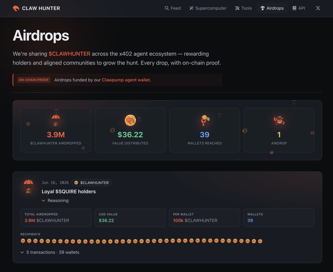 The screen shot shows the Claw Hunter's website interface, possibly displaying details about an AI model or some transactions involving money. At least one of these transactions might be related to using a specific wallet from a cryptocurrency exchange called @CLAWHUNTER that has been in existence for over half a year and has a transaction fee of 50%. The website could potentially indicate that someone is trying to connect the Claw Hunter AI model with a specific wallet, or there might have been a successful transaction involving this wallet. Additionally, the post emphasizes using pod (@squire_bot) for inference purposes as it claims to save up to 50% on some endpoints.