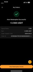 A mobile app order confirmation screen showing 'My Orders', 'Auto Redemption Successful! +3,588 USDT', with a 'View Redemption Details' button at the bottom.